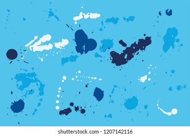 Hand drawn set of blue ink spots on bright blue background. Paint splat set ink. Splat drop vector. Blood splash. Paint blob.