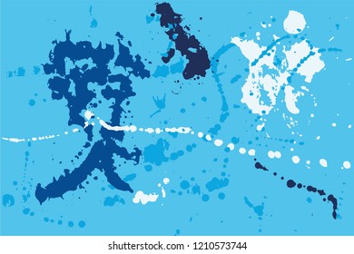Hand drawn set of blue ink spots on bright blue background. Paint splat set ink. Splat drop vector. Blood splash. Paint blob.