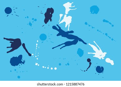 Hand drawn set of blue ink spots on bright blue background. Paint splat set ink. Splat drop vector. Blood splash. Paint blob.