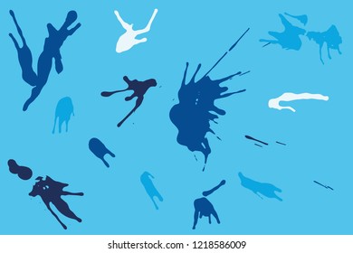 Hand drawn set of blue ink spots on bright blue background. Paint splat set ink. Splat drop vector. Blood splash. Paint blob.