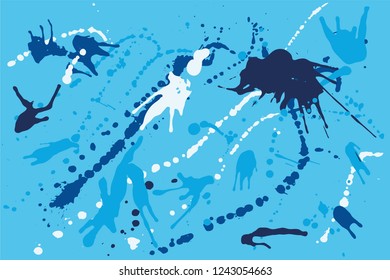 Hand drawn set of blue ink spots on bright blue background. Paint splat set ink. Splat drop vector. Blood splash. Paint blob.