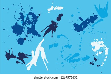 Hand drawn set of blue ink spots on bright blue background. Paint splat set ink. Splat drop vector. Blood splash. Paint blob.