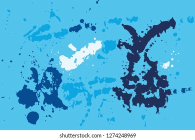Hand drawn set of blue ink spots on bright blue background. Paint splat set ink. Splat drop vector. Blood splash. Paint blob.