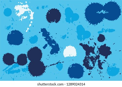 Hand drawn set of blue ink spots on bright blue background. Paint splat set ink. Splat drop vector. Blood splash. Paint blob.