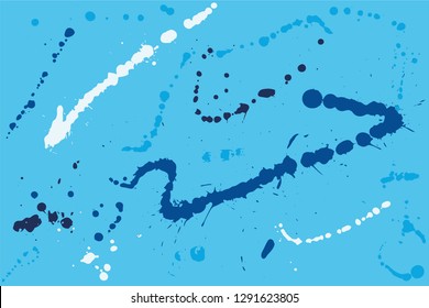 Hand drawn set of blue ink spots on bright blue background. Paint splat set ink. Splat drop vector. Blood splash. Paint blob.
