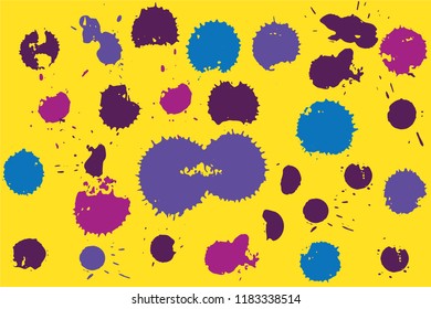 Hand drawn set of blue, violet and pink ink spots on bright yellow background. Paint splat set ink. Splat drop vector. Blood splash. Paint blob.
