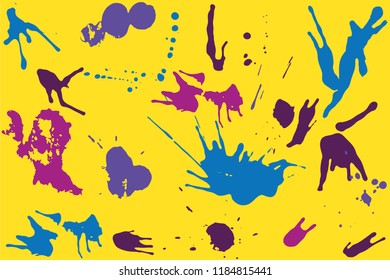 Hand drawn set of blue, violet and pink ink spots on bright yellow background. Paint splat set ink. Splat drop vector. Blood splash. Paint blob.