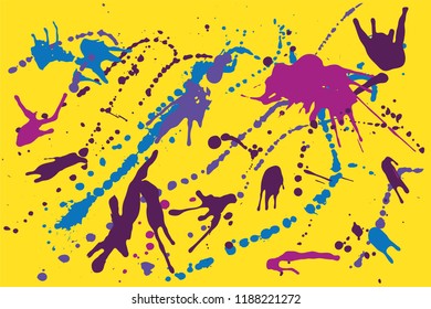 Hand drawn set of blue, violet and pink ink spots on bright yellow background. Paint splat set ink. Splat drop vector. Blood splash. Paint blob.