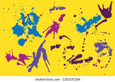 Hand drawn set of blue, violet and pink ink spots on bright yellow background. Paint splat set ink. Splat drop vector. Blood splash. Paint blob.