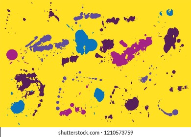 Hand drawn set of blue, violet and pink ink spots on bright yellow background. Paint splat set ink. Splat drop vector. Blood splash. Paint blob.