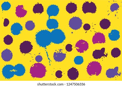 Hand drawn set of blue, violet and pink ink spots on bright yellow background. Paint splat set ink. Splat drop vector. Blood splash. Paint blob.