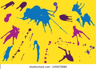 Hand drawn set of blue, violet and pink ink spots on bright yellow background. Paint splat set ink. Splat drop vector. Blood splash. Paint blob.