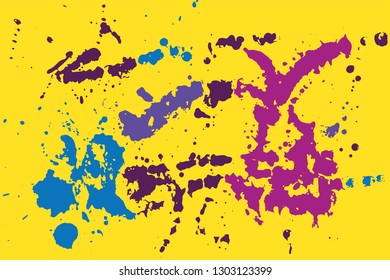 Hand drawn set of blue, violet and pink ink spots on bright yellow background. Paint splat set ink. Splat drop vector. Blood splash. Paint blob.
