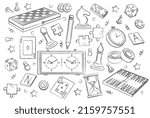 Hand drawn set of board game element. Icons with cards, chess, backgammon, puzzles, checkers, poker and dice. Games for entertainment and recreation. Cartoon flat vector collection in linear style
