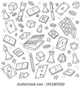 Hand drawn set of board game element, cards, chess, hourglass, chips, dice, dominoes. Doodle sketch style. Isolated vector illustration for board game shop, store, game competition. - Shutterstock ID 1951007050