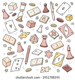 Hand drawn set of board game element, cards, chess, hourglass, chips, dice, dominoes. Doodle sketch style. Isolated vector illustration for board game shop, store, game competition.