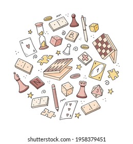 Hand drawn set of board game element, cards, chess, hourglass, chips, dice, dominoes. Doodle sketch style. Isolated vector illustration for board game shop, store, game competition.