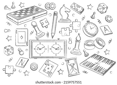 Hand drawn set of board game element. Icons with cards, chess, backgammon, puzzles, checkers, poker and dice. Games for entertainment and recreation. Cartoon flat vector collection in linear style