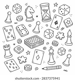 Hand drawn set of board game element, cards, chess, hourglass, chips, dice, dominoes. Doodle sketch style. Isolated vector illustration for board game shop vector