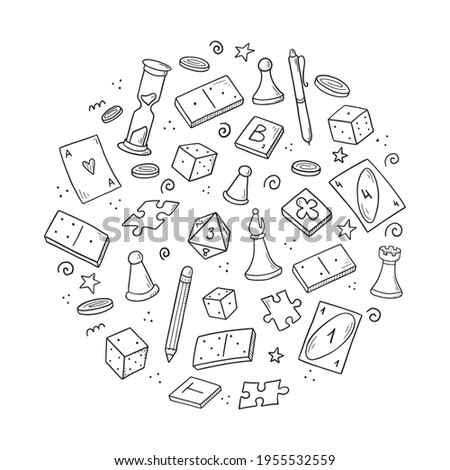 Hand drawn set of board game element, cards, chess, hourglass, chips, dice, dominoes. Doodle sketch style. Isolated vector illustration for board game shop, store, game competition.