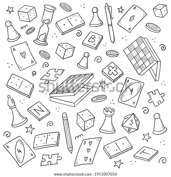 Hand drawn\
set of board game element, cards, chess, hourglass, chips, dice,\
dominoes. Doodle sketch style. Isolated vector illustration for\
board game shop, store, game\
competition.