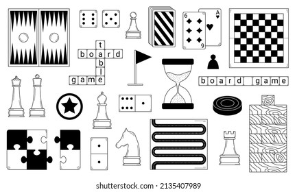 Hand drawn set of board games and items used in games. Educational games, hobby