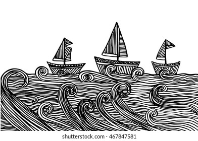 Hand Drawn Set Boat on the waves. Raster version. Vector Paper ship  with doodle sea waves on White Background. Sketchy style