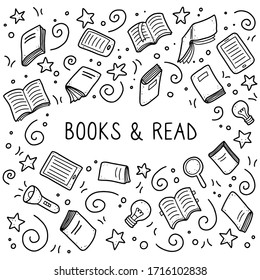 Hand drawn set of book doodle elements, education symbols. Vector illustration for book store, reading club, learning, library banner concept design. Doodle sketch style frame for text with copy space