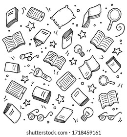 Conjunto dibujado a mano de elementos de doodle de libro, libro electrónico, lámpara, símbolos educativos. Cortar ilustraciones vectoriales aisladas para la librería, club de lectura, aprendizaje, diseño de banners de biblioteca. Estilo de dibujo de Doodle.