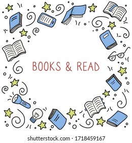 Conjunto hecho a mano de elementos de doodle de libro, símbolos educativos. Ilustración vectorial para la librería, club de lectura, aprendizaje, diseño de banners de biblioteca. Marco de estilo de esbozo de Doodle para texto con espacio de copia