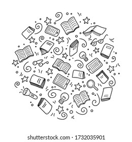 Hand drawn set of book doodle elements, e-book, lamp, education symbols. Cut isolated vector illustration for book store, reading club, learning, library banner concept design. Doodle sketch style.