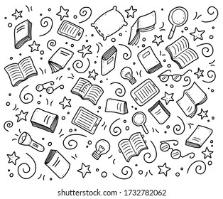 Hand drawn set of book doodle elements, e-book, lamp, education symbols. Cut isolated vector illustration for book store, reading club, learning, library banner concept design. Doodle sketch style.