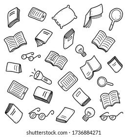 Hand drawn set of book doodle elements, e-book, lamp, education symbols. Cut isolated vector illustration for book store, reading club, learning, library banner concept design. Doodle sketch style.