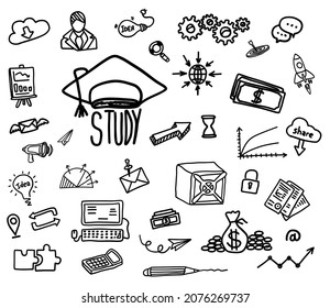 Hand drawn set of book doodle elements, e-book, lamp, education symbols. Cut isolated vector illustration for book store, reading club, learning, library banner concept design. Doodle sketch style.