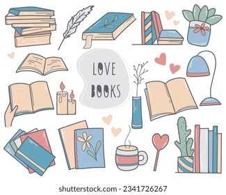 Juego de manos para los amantes del libro. Varios libros y cuadernos, un montón de libros y un libro de texto abierto. Colección de educación y lectura, ilustración vectorial aislada. Estilo de caricatura, diseño plano