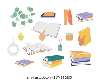 Hand drawn set with books, stack of textbooks and other home leisure activities. Isolated vector illustration
