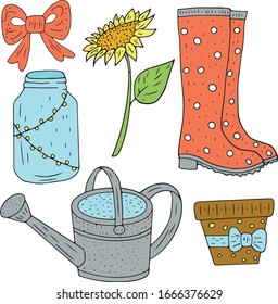 Hand drawn set with boots, watering can, jar, ribbon and sunflower