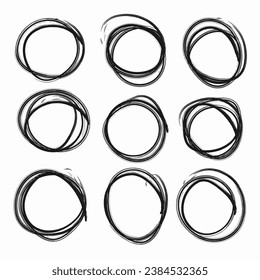 Hand drawn set of border and frame for design use. Vector doodle oval or circle on a isolated white background. Abstract pencil drawing.