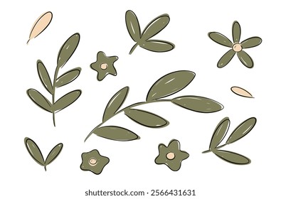 Hand drawn set botanical elements leaves, twig branch and flowers in a minimalist design