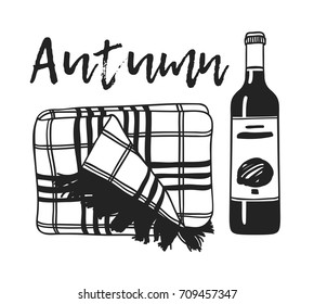Hand drawn set of bottle and glass of red wine, plaid and word Autumn. Creative ink art work. Actual vector doodle style drawing object