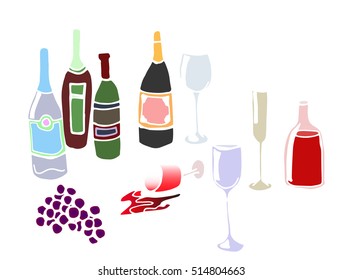 hand drawn set of bottle of wine