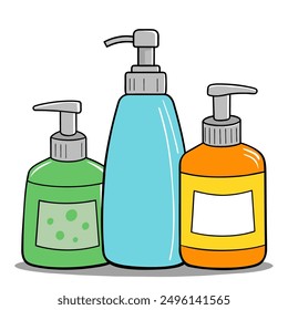 Hand drawn set of bottles with liquid soap. Cartoon style vector illustration.