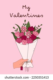 Hand drawn set of bouquets of flowers for Valentine day. Design elements for posters, greeting cards, banners and invitations.