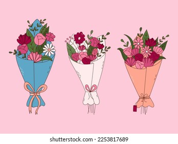 Hand drawn set of bouquets of flowers for Valentine day. Design elements for posters, greeting cards, banners and invitations.