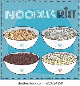Hand drawn set of bowls with three different types of noodles, Wheat Ramen or Udon, Transparent Glass noodles or Harusame, Buckwheat Naengmyeon or Soba, and White rice. Vector illustration svg