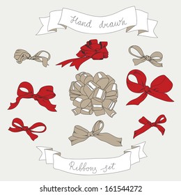 Hand drawn set of bows and ribbons. Vintage vector illustration.