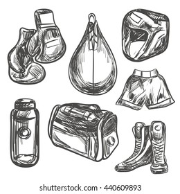 Hand drawn Set of boxing equipment. Isolated vector illustration for identity, design, decoration, packages product and interior decoration