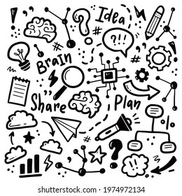 Hand drawn set of brainstorm, idea, brain elements. Doodle sketch style. Isolated vector illustration for a innovation, brainstorm, start up concept.