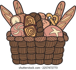 Hand Drawn set of bread on the basket illustration in doodle style isolated on background