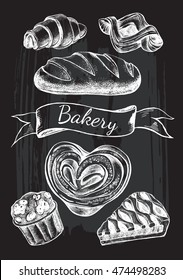 Hand drawn set of bread and pastries. Vector illustration. Menu or signboard template for bakery and cafe.